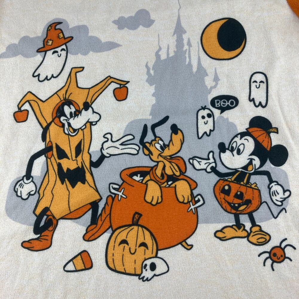 Disney Halloween Pajama Top Mens L Mickey Goofy Pluto Fleece Orange Long Sleeve